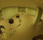  6+girls arms_behind_back backrooms_(creepypasta) brown_hair closed_mouth commentary_request funifuchan green_shirt highres looking_at_viewer multiple_girls open_clothes red_eyes red_shorts sandals shirt short_hair shorts socks star_(symbol) tank_top tsubame-chan_(funifuchan) walking white_socks 
