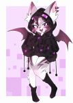 alien_doge anthro bat blush blush_lines clothing ear_piercing female hi_res hoodie mammal open_mouth piercing purple_eyes simple_background solo topwear wings