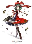  boots character_name dual_wielding english finger_on_trigger frills front_ponytail full_body gia green_hair gun gunblade hair_ribbon highres holding kagiyama_hina long_hair red_eyes ribbon shell_casing skirt solo touhou weapon white_background 