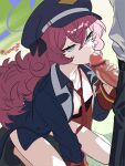  1boy 1girl absurdres armband blue_archive breasts censored coat erection fellatio fluffy_hair grabbing_another's_penis grey_eyes halo hat hetero highres iroha_(blue_archive) long_hair military_coat military_hat mosaic_censoring necktie nipples oral peaked_cap perunodesu purple_halo red_armband red_hair red_necktie small_breasts very_long_hair 