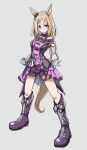  1girl absurdres animal_ears bare_shoulders blonde_hair boots bow bowtie breasts closed_mouth commentary dress ear_covers english_commentary gloves grey_bow grey_bowtie highres horse_ears horse_girl horse_tail long_sleeves looking_at_viewer medium_breasts narita_top_road_(the_proud_road)_(umamusume) narita_top_road_(umamusume) purple_boots purple_dress purple_eyes purple_shorts short_hair shorts single_ear_cover solo tail tofu_thunder umamusume umamusume:_road_to_the_top 