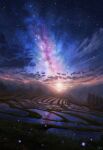  absurdres black_sky cloud commentary_request fireflies highres hkcutie landscape milky_way mountain mountainous_horizon night no_humans original reflection reflective_liquid rice_paddy rural scenery sky star_(sky) starry_sky sunset tree 