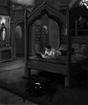 3d_(artwork) american_mythology anthro antlers ashcroft_"ash"_julian_clifford bed big_breasts bioluminescence black_body black_fur bookshelf breasts casual_nudity clothed clothed_male clothing computer cryptid digital_media_(artwork) duo electronics fangs female fireplace four_poster_bed fur furniture glowing glowing_eyes glowing_teeth hi_res horn human indigenous_north_american_mythology lamp laptop lenika lying lying_on_bed male mammal mirror monochrome mythology north_american_mythology oblivious omnid on_back on_bed on_front pointy_ears sharp_teeth smile starshade stupid_sexy_cryptids teeth under_the_bed vitaly_s_alexius wendigo window