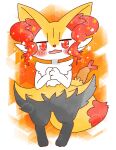 2022 ambiguous_anthro ambiguous_gender annyui0611 anthro biped blush braixen canid digital_drawing_(artwork) digital_media_(artwork) digitigrade featureless_crotch fluffy fluffy_tail food front_view full-length_portrait generation_6_pokemon hair_down hands_together hi_res japanese_description looking_at_viewer mammal nintendo object_in_tail open_:3 open_mouth open_smile pokemon pokemon_(species) portrait shrimp_(food) smile solo standing tail translated_description