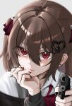  1girl ahoge aiming beretta_92 black_cardigan black_nails bow bowtie broken_heart broken_heart_hair_ornament cardigan closed_mouth collared_shirt commentary ear_piercing evil_neuro-sama evil_neuro-sama_(1st_costume) gun hair_between_eyes hair_ornament hair_ribbon hand_on_own_chin handgun heart heart_hair_ornament highres holding holding_gun holding_weapon long_hair nail_polish off-shoulder_cardigan piercing pointing pointing_at_viewer portrait raily_x red_bow red_bowtie red_eyes red_ribbon ribbon shirt skull_hair_ornament solo two_side_up untranslatable_commentary vedal_ai virtual_youtuber weapon white_shirt 