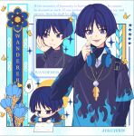  1boy ayacchirin black_sweater blue_hair blunt_ends chibi closed_mouth feathers genshin_impact headphones headphones_around_neck highres jewelry long_sleeves male_focus multicolored_sweater multiple_views necklace purple_eyes scaramouche_(genshin_impact) short_hair smile sweater tongue tongue_out wanderer_(genshin_impact) 
