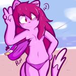1:1 anthro avian beach bikini bird blush breasts clothed clothing constricted_pupils convenient_censorship dialogue domestic_cat duo embarrassed exposed felid feline felis female hair hi_res long_hair mammal motion_lines onomatopoeia pink_body pose pupils red_eyes sky small_pupils snout sound_effects swimwear tail text topless torn_clothing tropbunny two-piece_swimsuit wardrobe_malfunction wet