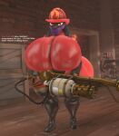 3d_(artwork) alex_asora anthro armor australium big_breasts big_butt bimbomorph_(artist) box breasts brick brick_wall butt canid canine clothing container crate dialogue digital_media_(artwork) english_text female firefighter_helmet flamethrower fur generation_4_pokemon gloves handwear headgear helmet hi_res huge_breasts huge_butt hyper hyper_breasts hyper_butt latex latex_clothing lips looking_at_viewer lucario mammal nintendo pokemon pokemon_(species) purple_body purple_fur ranged_weapon red_eyes sentry_gun_(team_fortress_2) solo text thick_lips thick_thighs wall_(structure) weapon wide_hips