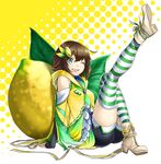  bad_id bad_pixiv_id boots brown_hair c.c._lemon c.c._lemon_(character) detached_sleeves food fruit green_eyes hair_ornament kyon_(fuuran) leg_up lemon one_eye_closed short_hair solo striped striped_legwear thighhighs 