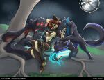 absurd_res anthro armor brown_body canid canine canis cloud cloudy_sky dead_tree digital_extremes feral fox fur glowing glowing_tail gold_(metal) grass green_eyes growling headpat hi_res mammal moon muzzle_(object) muzzled night orange_body orange_fur petting plant prosthetic prosthetic_ear red_fox rock science_fiction scratching_cheek setriaphtfj sitting sky slime tail tencent tree true_fox vixira_(syrup-taifh) voruna_(warframe) warframe warframe_(species) wolf