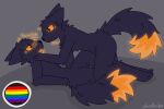 2026 anthro artist_name black_body black_eyes black_fur black_nose blush blush_lines casualties:_unknown cat_smile cheek_tuft chest_tuft closed_smile cute_fangs dialogue dipstick_tail duo ears_back english_text expie_(gunsawian) facial_tuft fangs flag fur grey_background gunsawian hand_under_chin head_tuft heart_symbol hearts_around_head hi_res lgbt_pride looking_at_another lying male male/male markings mouth_closed neck_tuft open_mouth open_smile orange_body orange_fur orange_sclera orange_text pivoted_ears pride_colors rainbow_flag rainbow_pride_flag rainbow_symbol simple_background smile tail tail_markings teeth text tuft zhodholm