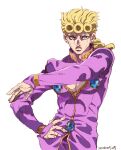  1boy blonde_hair blue_eyes braid cleavage_cutout clothing_cutout commentary_request dated earrings giorno_giovanna hand_on_own_hip highres jacket jewelry jojo_no_kimyou_na_bouken male_focus official_style pectoral_cleavage pectorals pink_jacket single_braid solo stud_earrings touyama_maki vento_aureo 