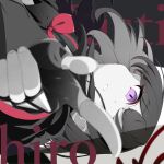  1girl absurdres blue_archive bow commentary_request fingerless_gloves furisuku_(gerbera) gloves greyscale halo highres mashiro_(blue_archive) monochrome parted_lips partial_commentary pointing pointing_at_viewer purple_eyes red_halo sailor_collar shirt short_hair solo 