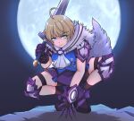  1girl absurdres ahoge armor ascot bike_shorts black_shorts blonde_hair blue_eyes blue_shirt breasts commentary english_commentary fake_tail fire_emblem fire_emblem_engage full_moon highres holding holding_sword holding_weapon knee_armor looking_at_viewer medium_breasts merrin_(fire_emblem) moon night nkmorker outdoors pelt purple_trim serious shirt short_hair shorts shoulder_armor skindentation solo squatting sword tail thigh_strap thighs v-shaped_eyebrows weapon white_armor white_ascot wolf_pelt wolf_tail 