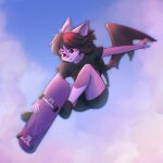 1:1 2023 alien_doge anthro bat black_clothing clothing female hi_res mammal simple_background skateboard sky solo vehicle wings