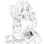  1girl @_@ artist_name badge bento braid breasts dated hair_flaps hair_ornament hairclip hat jingei_(kancolle) kantai_collection kindergarten_uniform kirisawa_juuzou large_breasts lineart long_sleeves name_tag pleated_skirt school_hat school_uniform seiza single_braid sitting skirt smile smock solo 