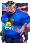  1boy absol_(dkqthf) bara beach belly black_shorts blue_shirt blush bulge commentary_request covered_navel covered_nipples crocs dusk facial_hair fat fat_man goatee grin holding holding_shoes holding_unworn_clothes live_a_hero looking_at_viewer male_focus multicolored_hair ocean sand saotome_(live_a_hero) shirt shoes shore shorts smile sun_glare unworn_shoes wet wet_clothes 