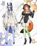  2girls :o aburage_(motimotigg20) animal_ears blue_hair blush boots breasts chinstrap cleavage clothing_cutout commentary elbow_gloves expressionless eyeshadow fang floral_background flower flower_necklace fox_ears fox_girl fox_tail frilled_hairband frills full_body glove_cutout gloves green_thighhighs hair_over_one_eye hairband hat hat_flower high-waist_skirt high_heel_boots high_heels highres hip_vent jewelry lace lace_trim lips long_hair long_sleeves looking_at_viewer looking_down makeup multiple_girls navel necklace off_shoulder open_mouth orange_hair original parted_bangs patterned_clothing puffy_long_sleeves puffy_short_sleeves puffy_sleeves purple_eyeshadow purple_lips purple_thighhighs ribbon romper short_sleeves skirt sleeves_past_fingers sleeves_past_wrists slit_pupils standing tail thighhighs untranslatable_commentary wavy_hair yellow_eyes 