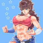  abs bandages blue_background blue_eyes breasts brown_hair cleavage denim genderswap genderswap_(mtf) hokuto_no_ken jobiko kenshirou large_breasts long_hair muscle muscular_female navel scar shirt solo star tank_top torn_clothes torn_shirt 