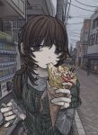  1girl 1other absurdres artist_name brown_hair building crepe dot_nose ear_piercing eating food food_on_face frilled_shirt frills fruit green_shirt grey_eyes grey_shirt gudon_udon highres holding holding_crepe holding_food holding_spoon jewelry long_sleeves looking_at_viewer medium_hair original outdoors overcast piercing plaid_clothes plaid_shirt pocky power_lines raised_eyebrows ring shirt shirt_under_shirt sky solo_focus spoon sprinkles stone_floor strawberry town utility_pole vending_machine wolf_cut 