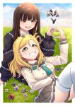 4girls absurdres aqours_3rd_years black_jacket blonde_hair brown_hair commentary_request flower grass heart heart_hands highres jacket jumping kurosawa_dia long_hair love_live! love_live!_sunshine!! lying matsuura_kanan multiple_girls ohara_mari on_back real_life school_uniform ska.harumi smile suzuki_aina_(voice_actor) uranohoshi_school_uniform voice_actor_connection yellow_eyes 