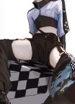  1boy alternate_costume black_pants commentary culpa_dei detached_pants genshin_impact high_collar highres male_focus pants scaramouche_(genshin_impact) simple_background sitting solo spread_legs stomach thighs white_background zipper zipper_pull_tab 