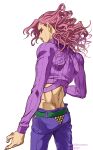  1boy alternate_hairstyle commentary_request cowboy_shot crop_top dimples_of_venus freckles from_behind highres jojo_no_kimyou_na_bouken long_hair looking_back male_focus official_style pants pink_hair purple_pants purple_shirt red_eyes ribbed_shirt shirt solo touyama_maki turtleneck turtleneck_shirt vento_aureo vinegar_doppio 