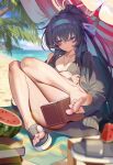  1girl absurdres averting_eyes bags_under_eyes bare_legs barefoot beach beach_towel beach_umbrella bikini black_bikini black_hair blue_archive blue_eyes blue_hairband blue_sky book breasts cardigan chinese_commentary cloud collarbone commentary_request dongxu feet food foot_focus foreshortening fruit full_body grey_cardigan hairband halo highres holding holding_book jewelry medium_breasts necklace o-ring o-ring_bikini ocean official_alternate_costume official_alternate_hairstyle open_book outdoors palm_tree ponytail presenting_foot presenting_own_foot sand single_off_shoulder sky soles solo spread_toes swimsuit toes towel tree ui_(blue_archive) ui_(swimsuit)_(blue_archive) umbrella watermelon 