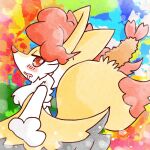 1:1 2022 abstract_background ambiguous_anthro ambiguous_gender annyui0611 anthro biped blush bodily_fluids braixen canid digital_drawing_(artwork) digital_media_(artwork) dipstick_tail drooling food generation_6_pokemon half-length_portrait hi_res japanese_description looking_at_viewer mammal markings nintendo object_in_tail open_mouth open_smile paint_splatter pokemon pokemon_(species) portrait saliva shrimp_(food) side_view smile snout solo standing tail tail_markings translated_description
