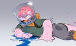 2026 air_drowning anthro aquatic asphyxiation clothed clothed_anthro clothed_female clothing constricted_pupils cybernetic_leg cybernetic_limb digital_drawing_(artwork) digital_media_(artwork) english_description female fin fish hair koraru_koi lying motion_lines on_front open_mouth pink_body pink_hair pupils rexyseven shark small_pupils solo sweater tail tail_fin topwear