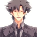  ^_^ backlighting black_hair closed_eyes emiya_kiritsugu facial_hair fate/zero fate_(series) formal necktie smile stubble suit waya 