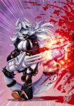 accessory anthro blood blue_eyes bodily_fluids bullet clothed clothed_anthro clothed_female clothing female fingerless_gloves footwear fully_clothed fully_clothed_anthro fully_clothed_female furgonomics gatling_gun gloves gun hair handwear hi_res horn lizard long_hair machine_gun minigun pouch_(clothing) ranged_weapon reptile scalie shoes shooting shooting_gun signature solo tail tail_accessory tail_gun tailband topwear weapon weapon_tail weiss_(bonjolasermaster) white_body white_hair yukariasano