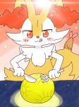 2022 :3 ambiguous_anthro ambiguous_gender annyui0611 anthro biped blush blush_stickers braixen canid cutlery digital_drawing_(artwork) digital_media_(artwork) food fork front_view generation_6_pokemon half-length_portrait hi_res japanese_description kitchen_utensils knife lens_flare licking licking_lips macro mammal moon nintendo object_in_tail pokemon pokemon_(species) portrait shrimp_(food) simple_background solo standing tail tongue tongue_out tools translated_description