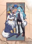  1girl animal_collar animal_ear_hairband animal_ears ankle_boots ao_no_kiseki black_boots black_pantyhose black_skirt blue_hair blue_necktie boots card_(medium) cat_ear_hairband cat_ears closed_mouth coat collar commentary copyright_name copyright_notice crossed_bangs double-parted_bangs eiyuu_densetsu english_commentary fake_animal_ears full_body hair_between_eyes hairband hand_on_another's_head highres long_hair long_sidelocks long_sleeves looking_at_viewer maskyarts necktie official_art open_clothes open_coat pantyhose red_eyes sidelocks skirt smile standing tarot tarot_(medium) twintails vambraces vest waistcoat white_coat wolf yellow_eyes zeit zero_no_kiseki 