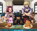  4boys annoyed apron blackwing_gale_the_whirlwind blonde_hair blue_hair breasts bruno cleavage crossed_arms crow_hogan dark_resonator duel_monster earrings english fingerless_gloves flower food fork fruit fudou_yuusei gloves hands_on_hips izayoi_aki jack_atlas jacket jewelry kitchen knife mayday medium_breasts milk multicolored_hair multiple_boys necklace orange_hair red_flower red_hair red_rose rose scared short_hair sonic_chick spiked_hair strawberry streaked_hair sweatdrop tattoo yuu-gi-ou yuu-gi-ou_5d's 