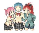  anger_vein arm_hug bad_id bad_pixiv_id blue_hair bow casual closed_eyes cropped_legs dddoochi1 denim denim_shorts hair_bow hair_ornament hair_ribbon hairclip hood hoodie human_tug_of_war kaname_madoka long_hair mahou_shoujo_madoka_magica miki_sayaka multiple_girls pink_eyes pink_hair plaid plaid_skirt ponytail red_hair ribbon sakura_kyouko school_uniform short_hair short_twintails shorts skirt twintails white_background 