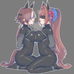  2girls armbinder bdsm blindfold bodystocking bodysuit bondage bound commentary_request daiwa_scarlet_(umamusume) highres impossible_bodysuit impossible_clothes impossible_leotard inatsu latex latex_bodysuit leotard multiple_girls restrained skin_tight umamusume vodka_(umamusume) 