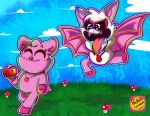 anthro apple bat bodily_fluids domestic_pig duo female flying food fruit hi_res mammal mob_entertainment nightmare_critters pickypiggy pink_body plant poppy_playtime rabie_baby_(poppy_playtime) rocketlennon saliva smiling_critters suid suine sus_(pig) tongue tongue_out walking white_body wings