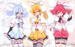  3girls akita_neru alternate_costume alternate_hairstyle aqua_eyes aqua_hair aqua_skirt aqua_trim black_gloves black_sleeves black_thighhighs blonde_hair bow bright_pupils champagne_flute closed_mouth cocktail_glass collared_shirt commentary cup detached_sleeves drinking_glass english_commentary frilled_skirt frills gloves hair_bow halftone halftone_background hatsune_miku highres kasane_teto multiple_girls neck_ribbon one_eye_closed open_mouth red_eyes red_hair red_ribbon red_shorts red_trim ribbon saw_art06 shirt short_sleeves shorts signature skirt smile thighhighs tie_clip triple_baka_(group) utau vocaloid white_bow white_pupils white_shirt white_thighhighs wine_glass yellow_skirt yellow_trim zoom_layer 