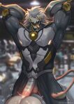  1boy anal arms_behind_head artist_name banyue_(zenless_zone_zero) bluesky_username commentary english_commentary erection highres male_focus mechanical_penis open_mouth penis robot robot_boy sylvein tail testicles tongue tongue_out zenless_zone_zero 