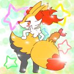 1:1 2022 :3 ambiguous_anthro ambiguous_gender annyui0611 anthro biped blush blush_stickers braixen canid digital_drawing_(artwork) digital_media_(artwork) digitigrade dipstick_tail food full-length_portrait generation_6_pokemon hands_on_hips hi_res japanese_description looking_at_viewer looking_back looking_back_at_viewer mammal markings nintendo object_in_tail pokemon pokemon_(species) portrait rear_view shrimp_(food) simple_background snout solo sparkles standing star_polygon tail tail_markings translated_description