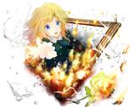  blonde_hair blue_eyes broken_glass dress fire flower glass ib long_hair mary_(ib) outstretched_hand painting_(object) rose solo spoilers ted_(taiwan) white_background yellow_flower yellow_rose 