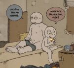  2boys absurdres alex_(homie) bald big_guy_(homie) cigarette clothes_on_floor colored_skin commentary english_commentary english_text highres homunculus100 implied_after_sex lighter lighting_cigarette male_focus male_underwear male_underwear_pull messy_room multiple_boys no_nose nude original paper_texture penis underwear unlit_cigarette_in_mouth unworn_clothes white_skin yaoi 
