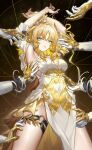  1girl absurdres aglaea_(honkai:_star_rail) ancient_greek_clothes arm_tattoo armpits arms_up blonde_hair breast_tattoo breasts cleavage commentary cowboy_shot crossed_wrists detached_sleeves dongxu dress fingernails from_below greco-roman_clothes green_eyes hair_ornament highres honkai:_star_rail honkai_(series) large_breasts laurel_crown long_fingernails looking_at_viewer mechanical_arms medium_hair night parted_lips revision sky solo star_(sky) surrounded_by_hands tattoo thigh_strap white_dress 