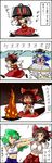  4koma anger_vein blue_eyes brown_hair comic crosscounter dress duel face_punch fire green_hair hakurei_reimu highres hinanawi_tenshi in_the_face keystone kochiya_sanae long_hair multiple_girls open_mouth punching sei_(kaien_kien) sweat sweatdrop touhou translated 