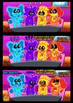 absurd_res anthro avian bird blue_body bubba_bubbaphant canid canine canis catnap_(poppy_playtime) chicken comic dogday_(poppy_playtime) domestic_cat domestic_dog elephant elephantid felid feline felis galliform group hi_res kickinchicken male mammal mob_entertainment orange_body phasianid poppy_playtime proboscidean purple_body rocketlennon smile smiling_critters spanish_text text translated yellow_body