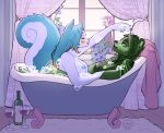 2026 alcohol anthro areola bath bathing bathing_together bathroom bathtub bear beverage big_tail black_nose blue_areola blue_ears blue_hair blue_nipples blue_tail breasts bubble bubble_bath carpet claw_foot_bathtub container cup digital_media_(artwork) drinking_glass duo ear_piercing facial_markings female female/female female_anthro flower foam fur generation_4_pokemon glass glass_container glass_cup green_areola green_body green_ears green_fur green_hair green_lips green_nipples hair head_markings hi_res inside lips long_hair lying_in_bathtub mammal markings medium_breasts multicolored_body multicolored_fur nintendo nipples nowlerarr nude nude_anthro nude_female pachirisu piercing pink_lips pink_nose plant pokemon pokemon_(species) raylin signature skull_symbol tail towel two_tone_tail vase white_body white_fur white_tail window window_curtains wine wine_bottle wine_glass