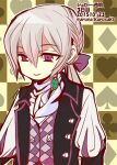  1boy aqua_gem artist_name arunakurosaki black_vest butler checkered_background closed_mouth commentary_request dated fire_emblem fire_emblem_fates gem grey_hair hair_between_eyes jakob_(fire_emblem) long_hair long_sleeves low_ponytail male_focus ponytail puffy_long_sleeves puffy_sleeves purple_eyes purple_trim solo upper_body vest 