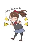 blazer bow brown_hair brown_shoes commentary_request hair_ornament hair_scrunchie highres hitoribocchi_no_marumaru_seikatsu honshou_aru jacket katsuwo_(cr66g) lightning_bolt_symbol pantyhose pointing pointing_at_viewer red_bow school_uniform scrunchie shirt shoes skirt socks white_shirt 