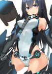  1girl absurdres alice_gear_aegis bare_shoulders black_hair blue_eyes breasts highres leotard long_hair mecha_musume medium_breasts simple_background solo standing suisei_tsumugi sunday_aki white_background 